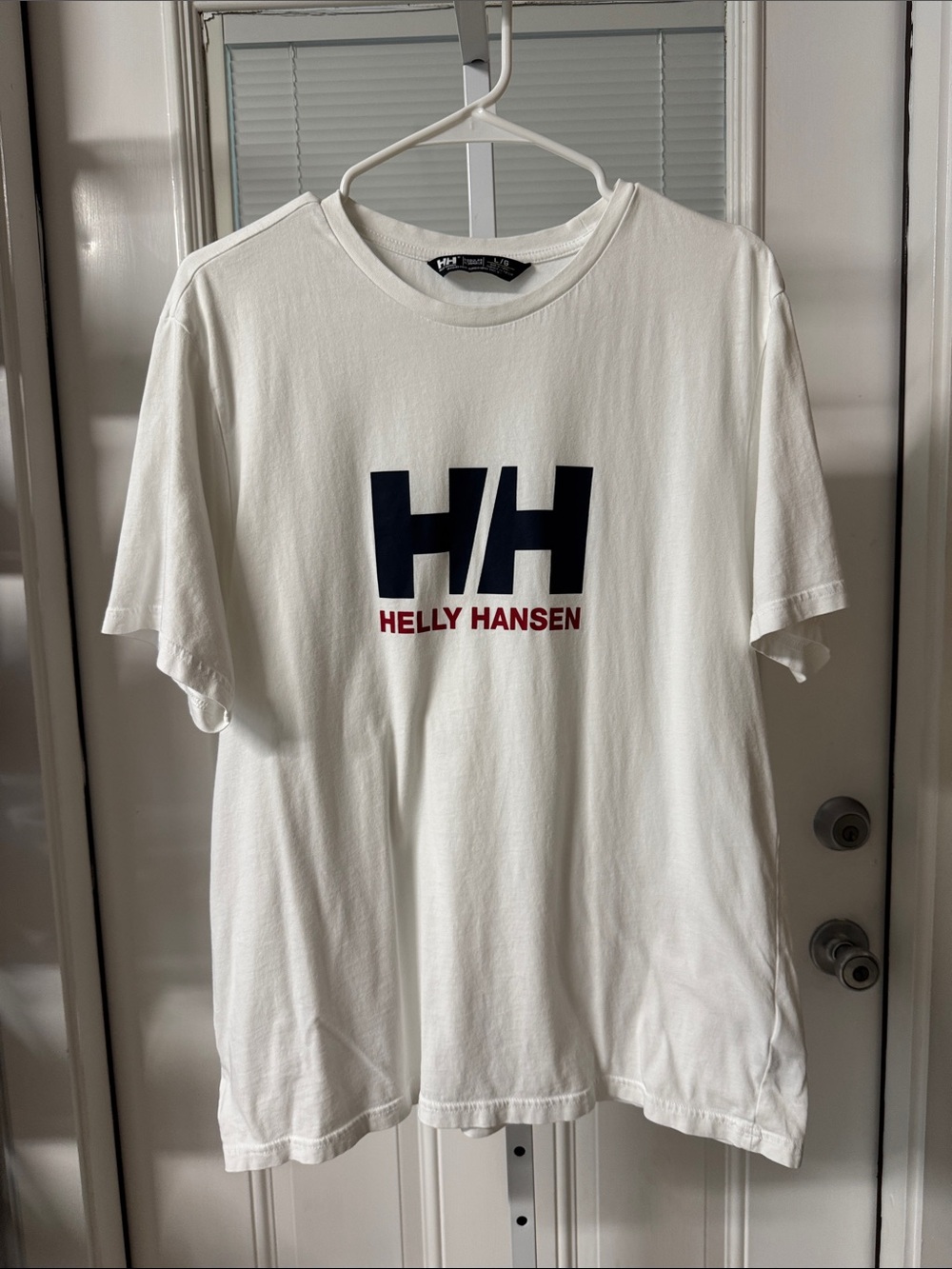 Helly Hansen White Tee with Navy HH Logo and Red Text
